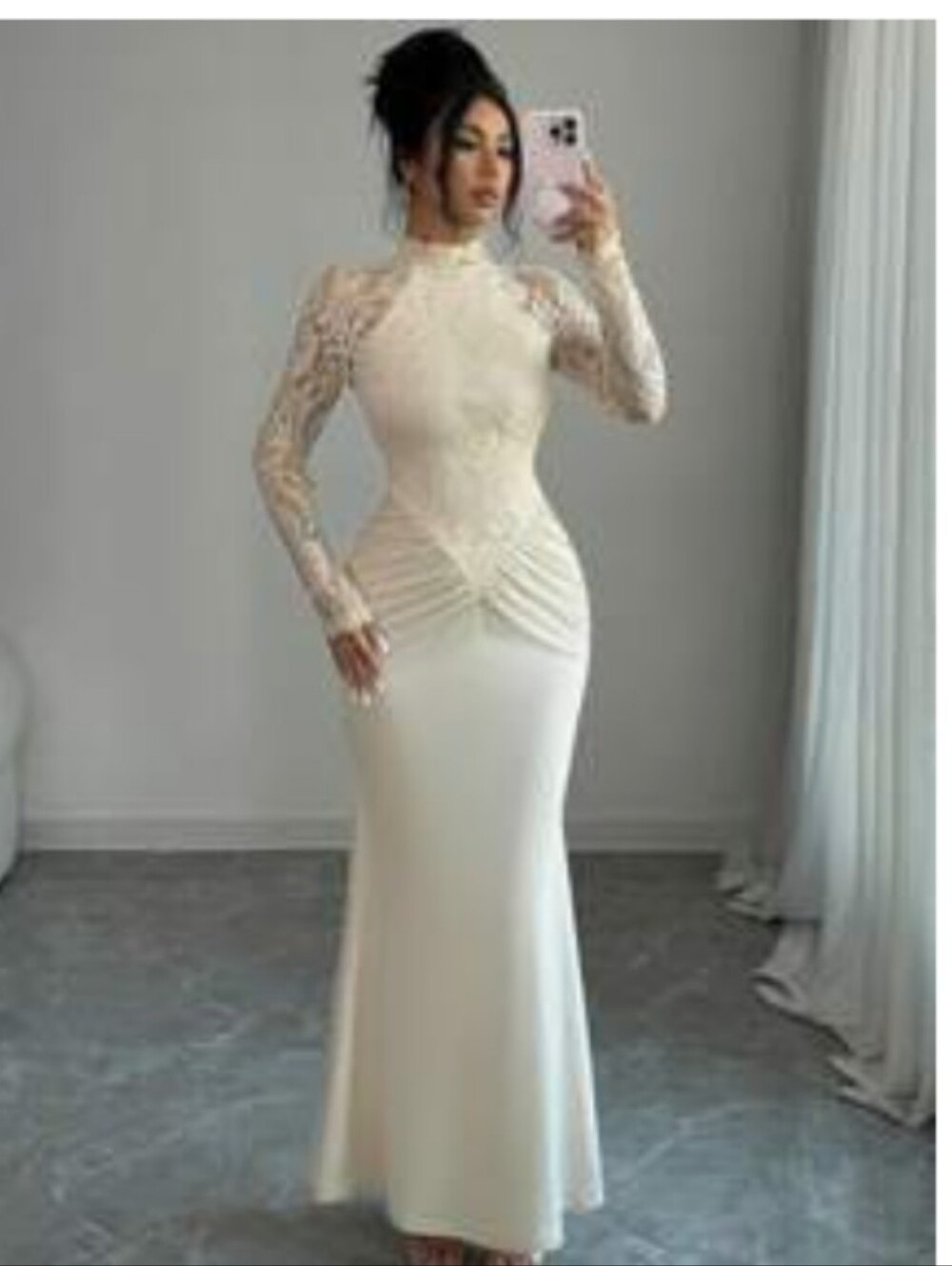 Elegant Apricot Lace Long-Sleeve Mermaid Dress